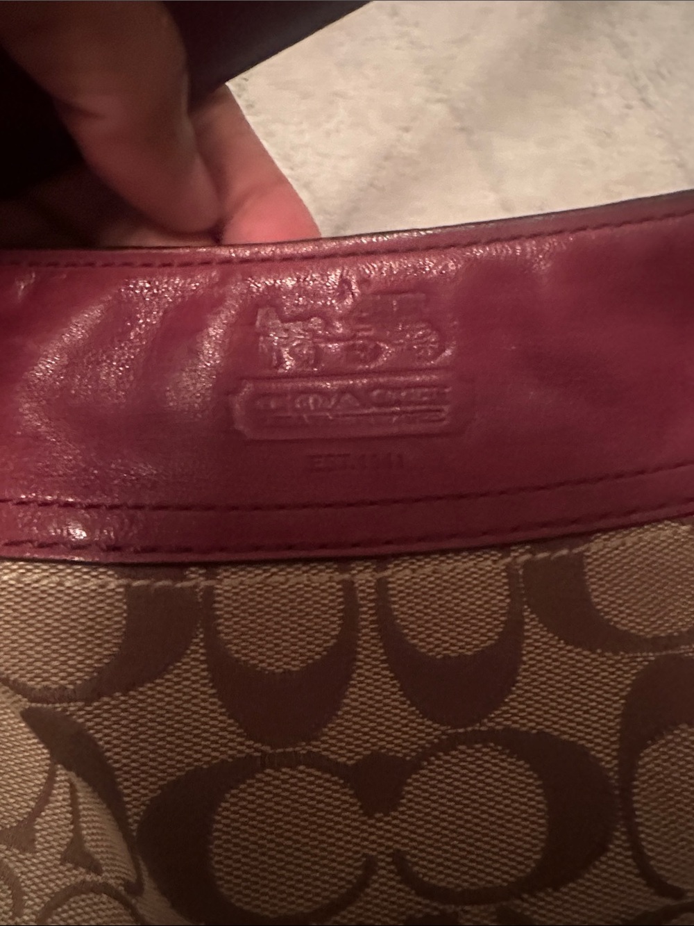 Coach Brown Signature Canvas Shoulder Bag with Burgundy Leather Trim - Picture 2 of 15